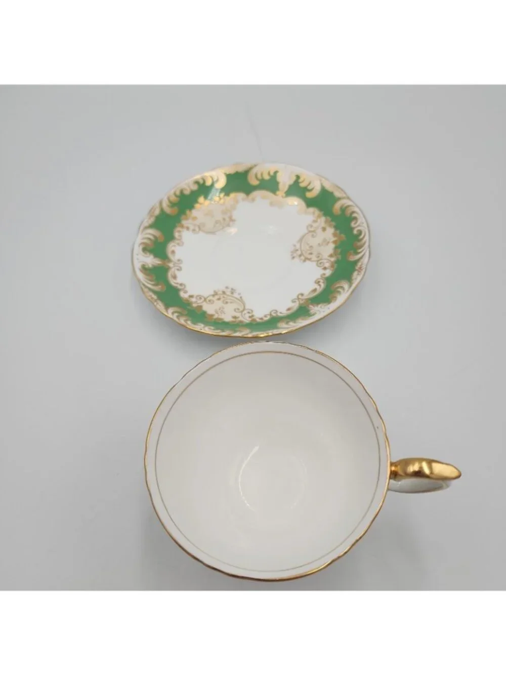 Crown Staffordshire Fine Bone China Tea Cup & Saucer Green Gold Trim